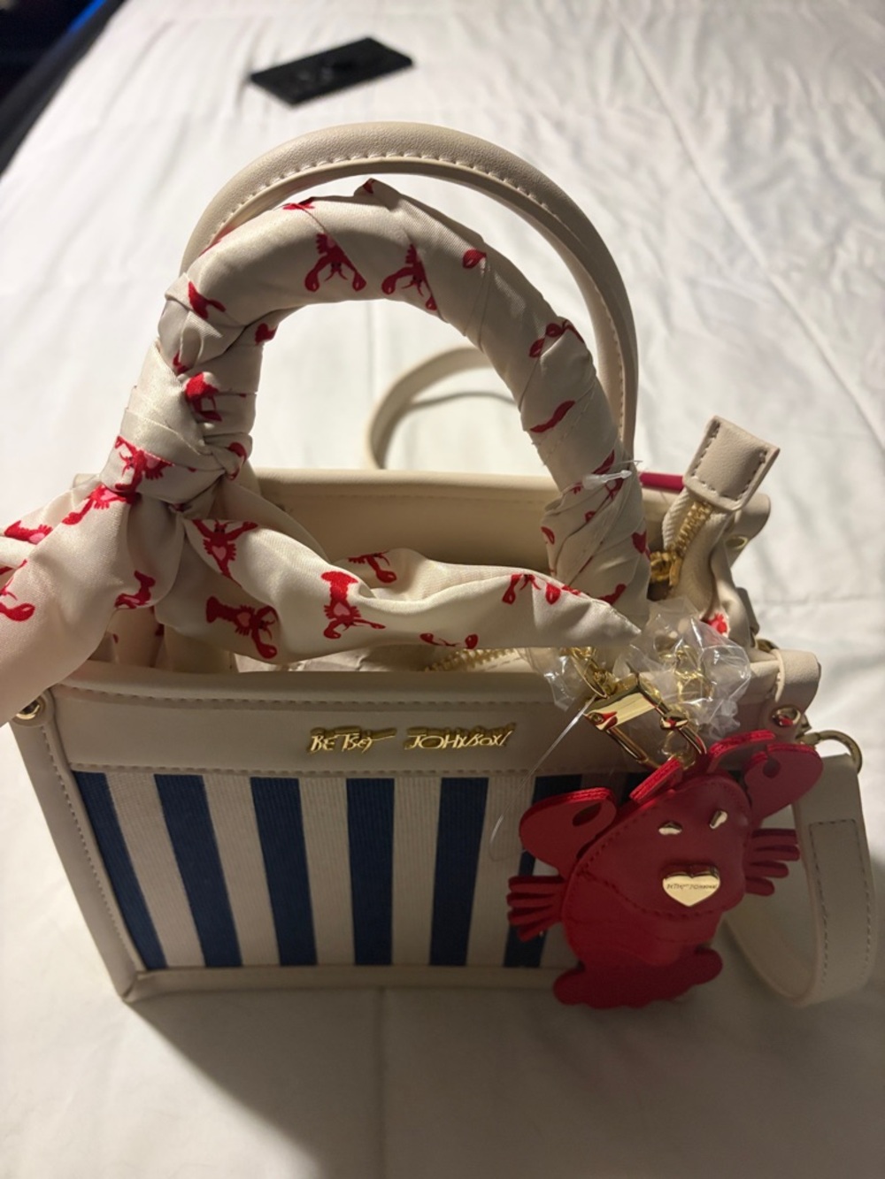 Betsey Johnson Cream & Navy Striped Satchel with Red Scarf and Charm